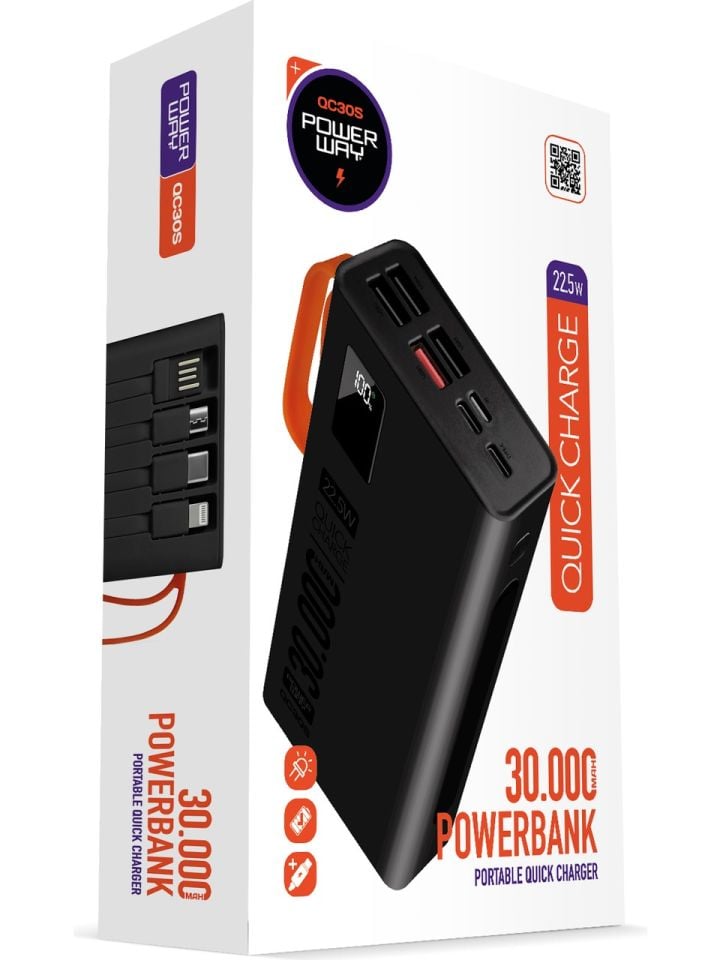 Powerway 30.000 Mah Pd 22.5W Dahili Kablolu Hızlı Şarj LED Fener Gerçek 30.000 Mah QC30S Powerbank