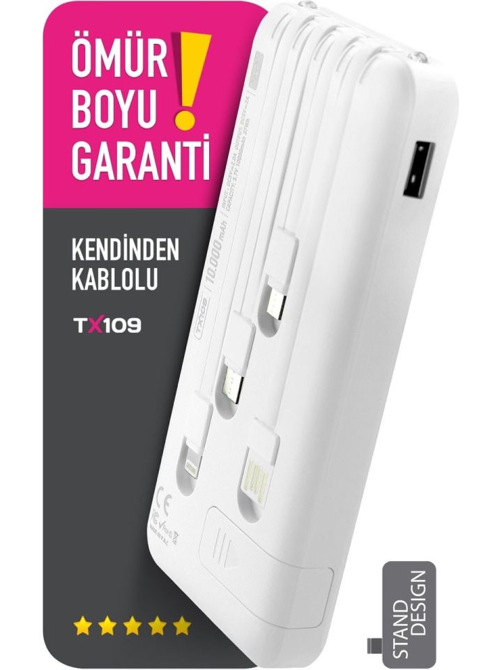 Powerway 10.000 Mah Kablolu Dijital Göstergeli 10.000 Mah Dahili Stand TX109 Beyaz Powerbank