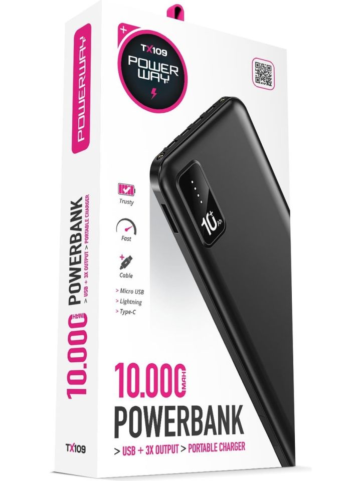 Powerway 10.000 Mah Kablolu Dijital Göstergeli 10.000 Mah Garantili Dahili Stand TX109 Siyah Powerbank