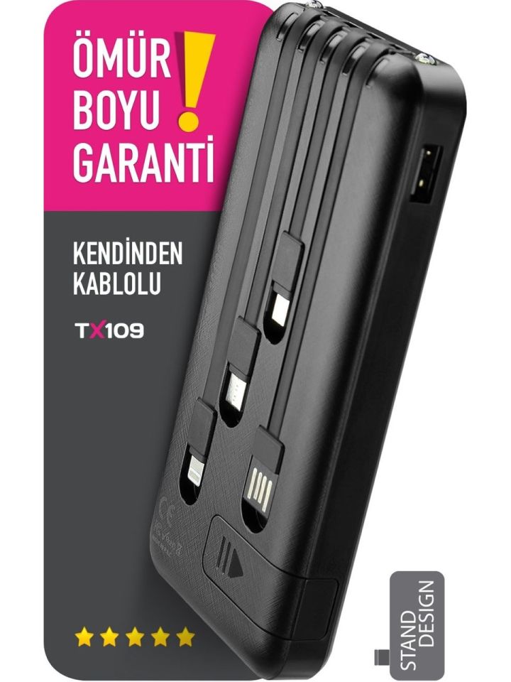 Powerway 10.000 Mah Kablolu Dijital Göstergeli 10.000 Mah Garantili Dahili Stand TX109 Siyah Powerbank