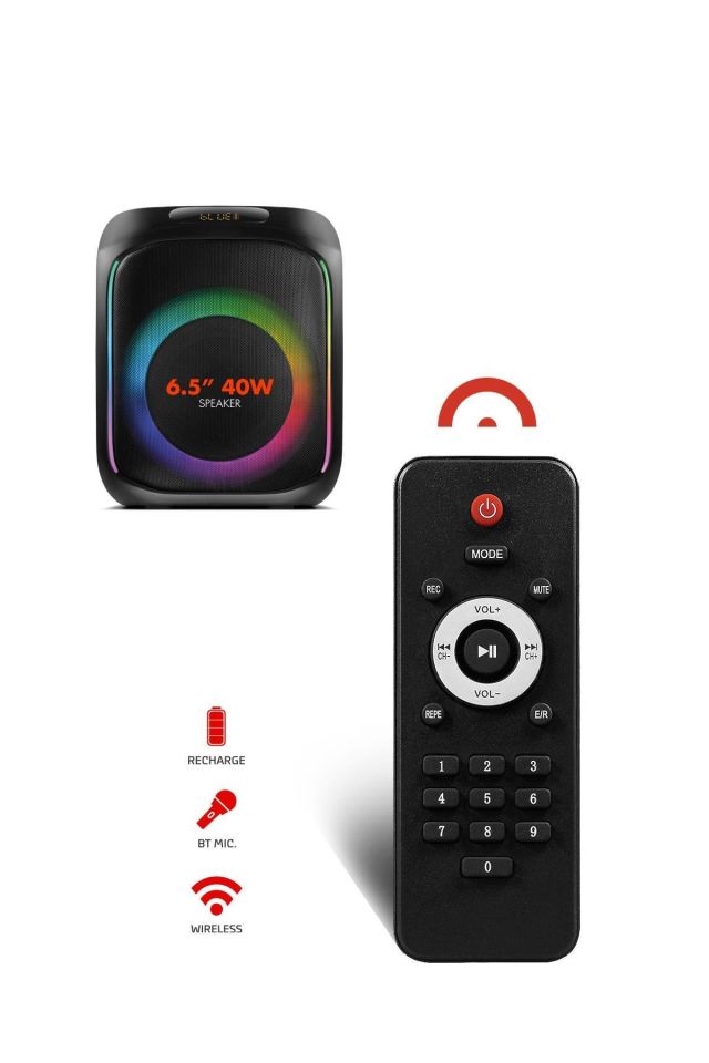 Powerway MIO Taşınabilir Mikrofonlu 40 W Parti Karaoke Kumandalı Bluetooth Hoparlör Led Işıklı