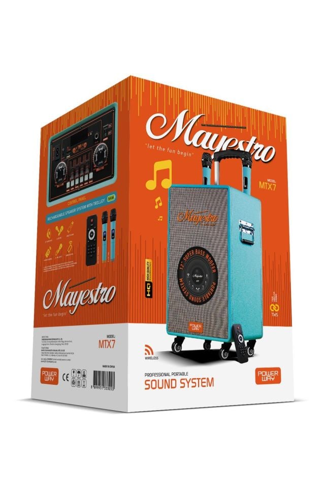 Powerway Şarjlı Çift Mikrofonlu Ses Sistemi Karaoke Sistemi Taşınabilir Amfi MTX7 Bluetooth Hoparlör