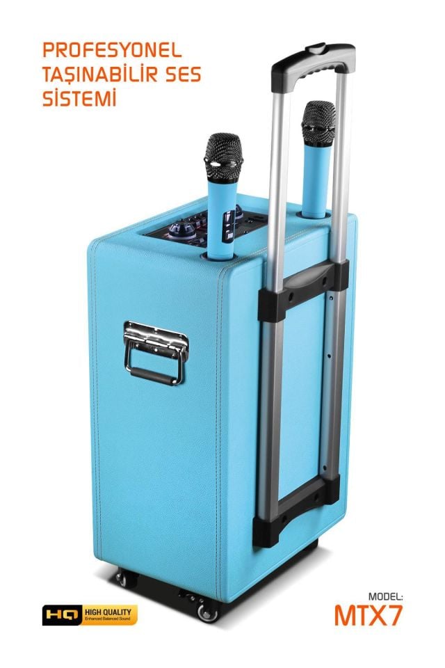 Powerway Şarjlı Çift Mikrofonlu Ses Sistemi Karaoke Sistemi Taşınabilir Amfi MTX7 Bluetooth Hoparlör