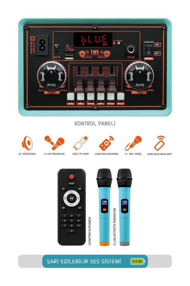 Powerway Şarjlı Çift Mikrofonlu Ses Sistemi Karaoke Sistemi Taşınabilir Amfi MTX7 Bluetooth Hoparlör