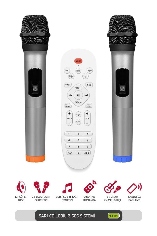 Powerway Şarjlı Çift Mikrofonlu Hoparlör Karaoke Sistemi Taşınabilir Amfi MT90 Bluetooth Hoparlör