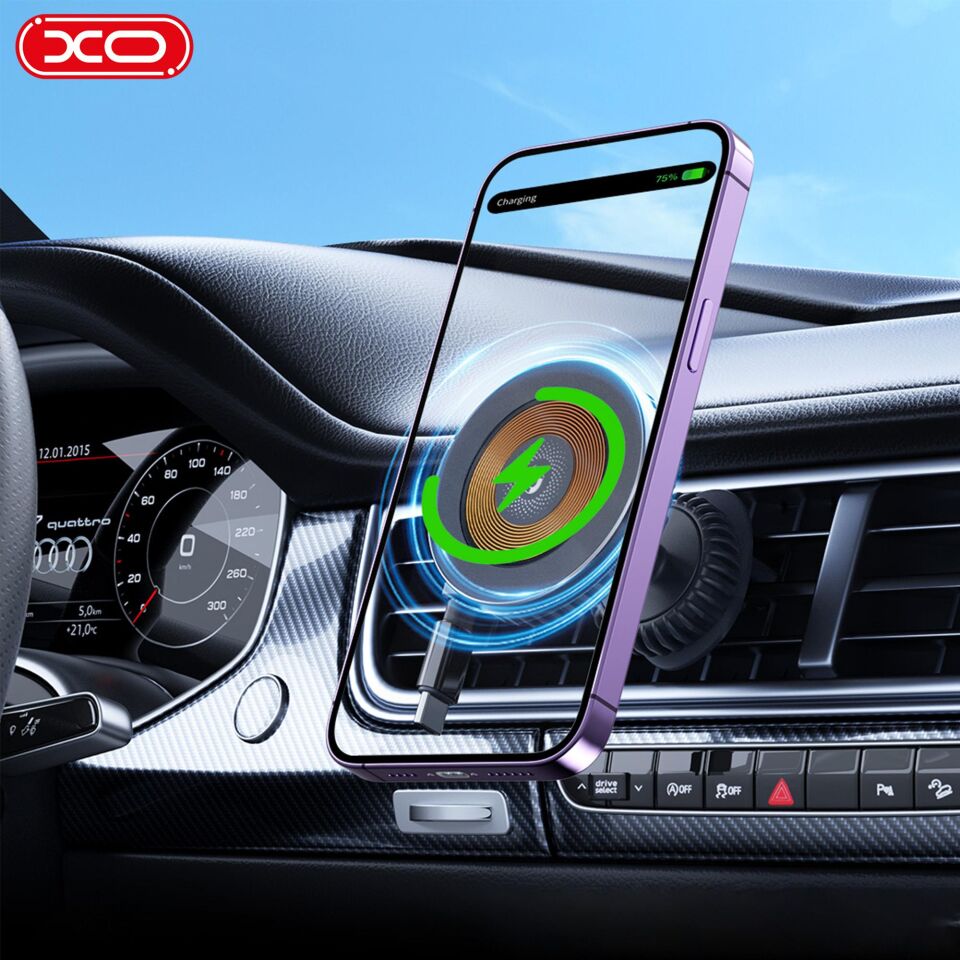 XO CX024 15W PD Fast Hızlı Sabitleme Kanca Mekanizmalı Klima Havalandırma MagSafe Kablosuz Wireless Araç içi Telefon Tutucu Şarj Aleti