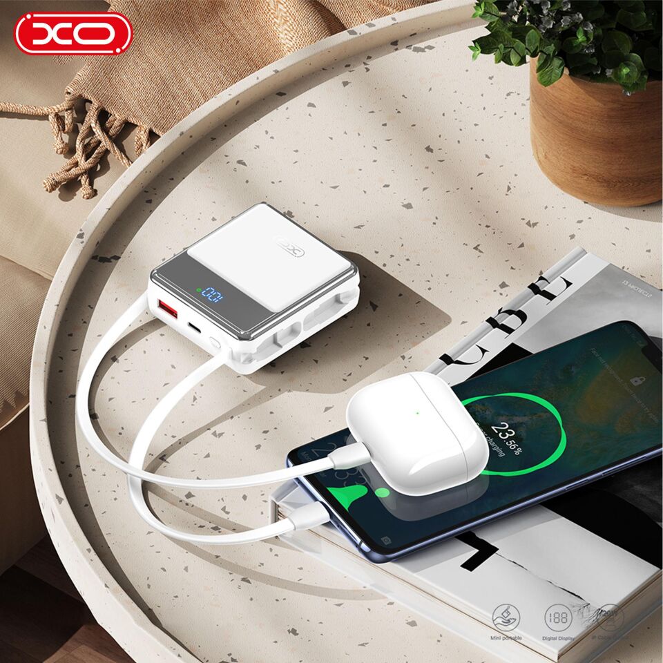 XO PR224 38.5W PD Hızlı Fast Dahili TYPE-C (USB-C)  Lightning Kablolu USB-A 3 Çıkışlı Gösterge Ekranlı 10000 Mah Powerbank Şarj Aleti