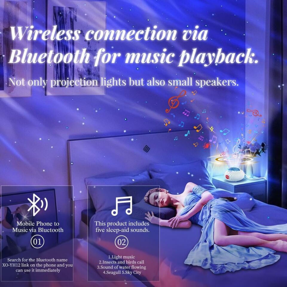 XO Galaksi Yıldız Projeksiyon Lambası YH12 – 14 Farklı Renkli Işık Gösterileri, Bluetooth Hoparlör, Uzaktan Kumanda ile Müzik ve Projeksiyon Efektleri, Beyaz