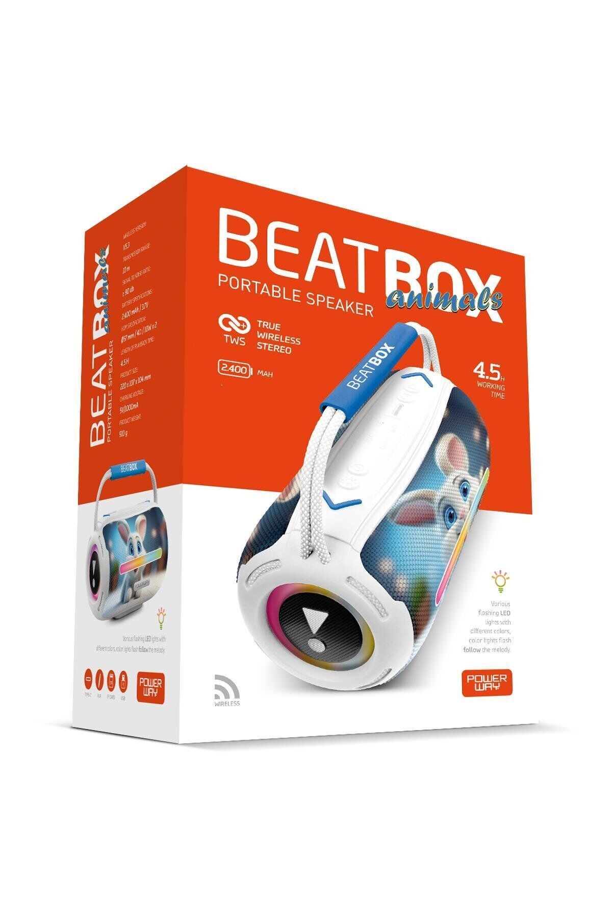 Powerway Beatbox Animals Tavşan Led Işıklı Dayanıklı Ses Bombası Usb Sd Aux Bluetooth Hoparlör