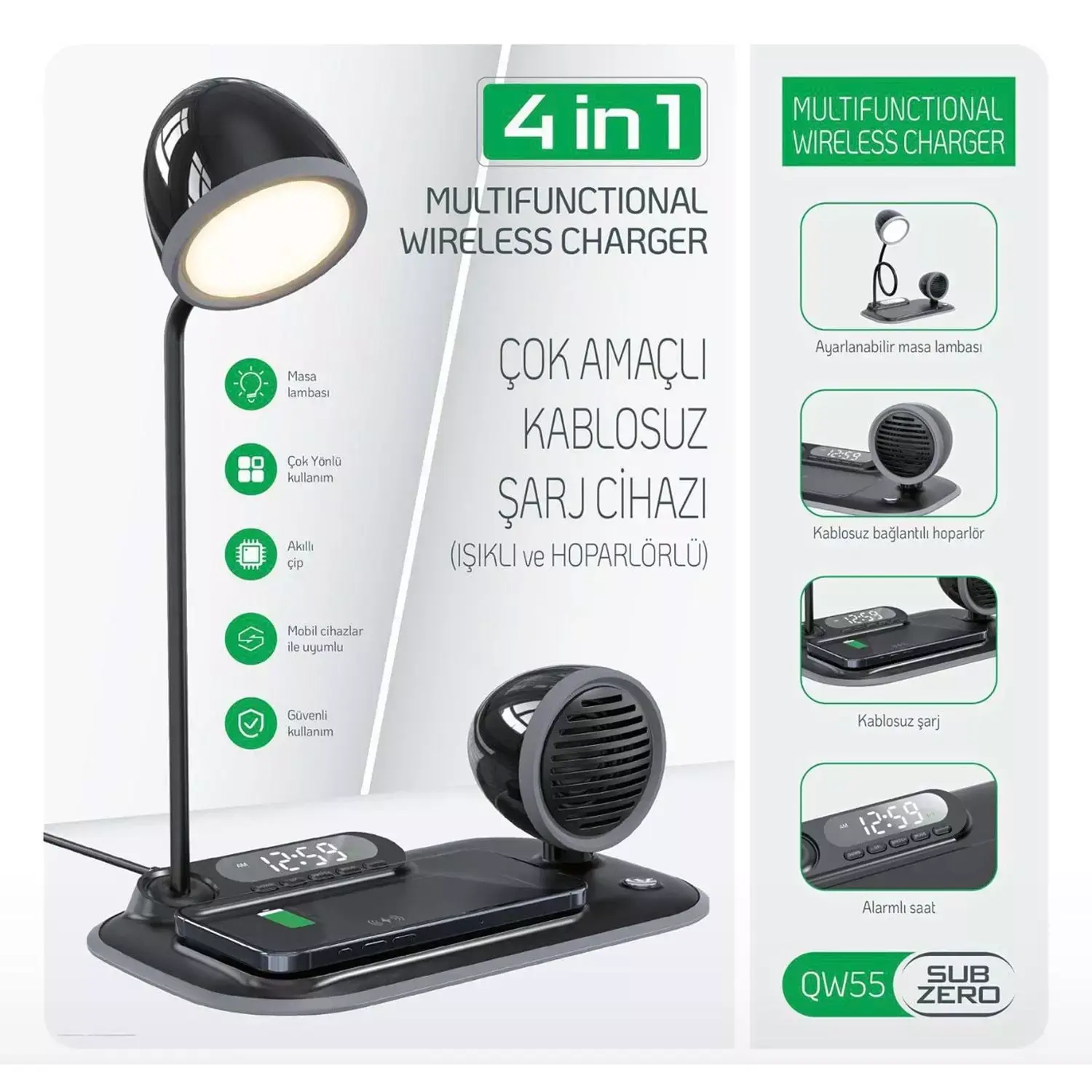 Subzero QW55 4in1 Wireless Kablosuz Şarj StandıMasa LambasıSaatKablosuz Hoparlör