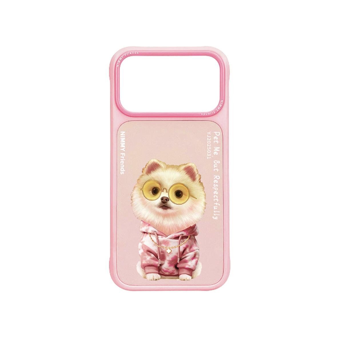 NIMMY iPhone 17 Pro Uyumlu Gerçek Nakış Gözlük ve Zincir Desenli Glasses Serisi Pomeranian Telefon Kılıfı