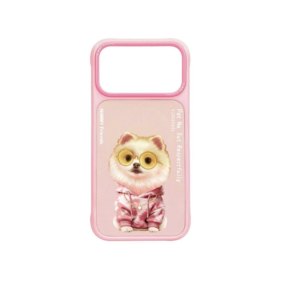 NIMMY iPhone 17 Pro Uyumlu Gerçek Nakış Gözlük ve Zincir Desenli Glasses Serisi Pomeranian Telefon Kılıfı