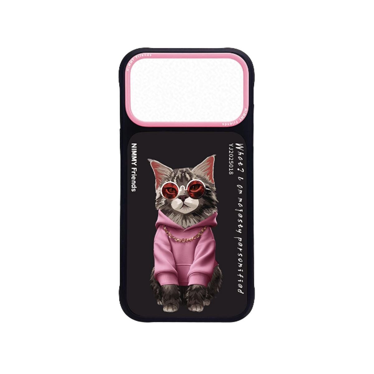 NIMMY iPhone 17 Pro Max Uyumlu Gerçek Nakış Gözlük ve Zincir Desenli Glasses Serisi Maine Coon Telefon Kılıfı