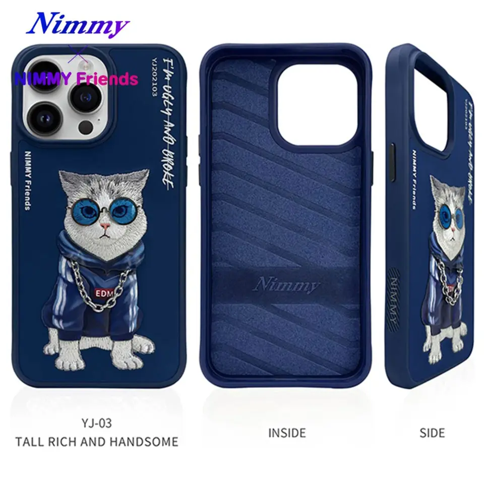 NIMMY iPhone 14 Pro 3D Gerçek Nakış İşleme Kabartmalı Kedi Zincir Gözlük Detaylı Cool Glasses Kılıf