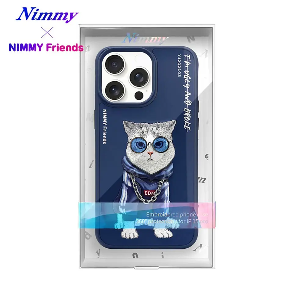 NIMMY iPhone 14 Pro 3D Gerçek Nakış İşleme Kabartmalı Kedi Zincir Gözlük Detaylı Cool Glasses Kılıf