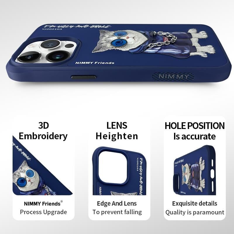 NIMMY iPhone 14 Pro 3D Gerçek Nakış İşleme Kabartmalı Kedi Zincir Gözlük Detaylı Cool Glasses Kılıf