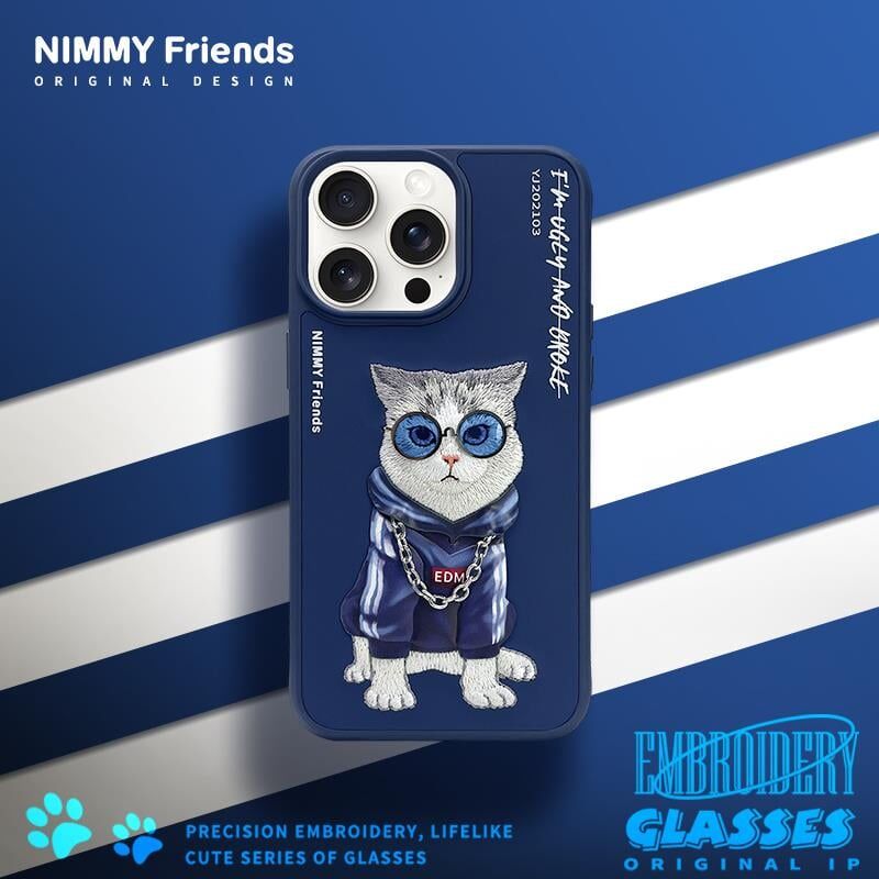 NIMMY iPhone 14 Pro 3D Gerçek Nakış İşleme Kabartmalı Kedi Zincir Gözlük Detaylı Cool Glasses Kılıf