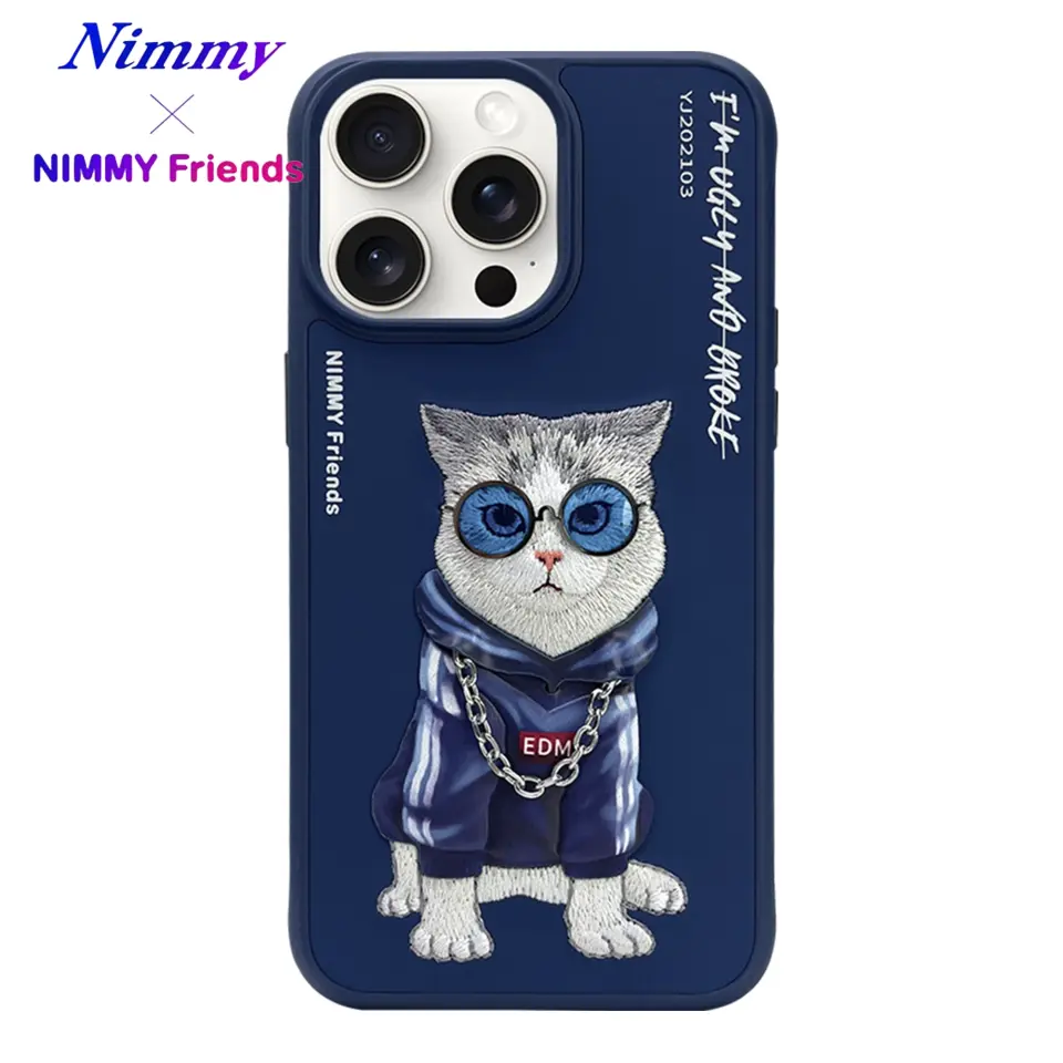 NIMMY iPhone 14 Pro 3D Gerçek Nakış İşleme Kabartmalı Kedi Zincir Gözlük Detaylı Cool Glasses Kılıf