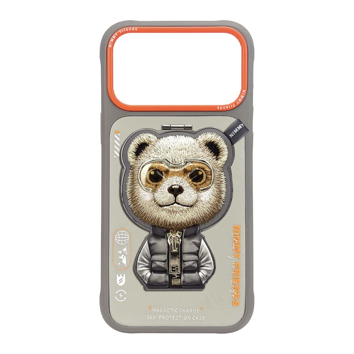 NIMMY iPhone 17 Pro Max Uyumlu MagSafe Özellikli Gri Ayı Aparatlı Cool And Cute 2.0 Telefon Kılıfı