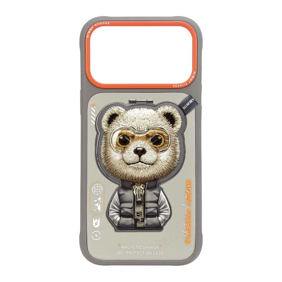NIMMY iPhone 17 Pro Max Uyumlu MagSafe Özellikli Gri Ayı Aparatlı Cool And Cute 2.0 Telefon Kılıfı