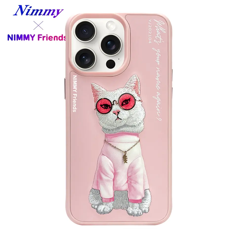 NIMMY iPhone 14 Pro 3D Gerçek Nakış İşleme Kabartmalı Kedi Zincir Gözlük Detaylı Cool Glasses Kılıf