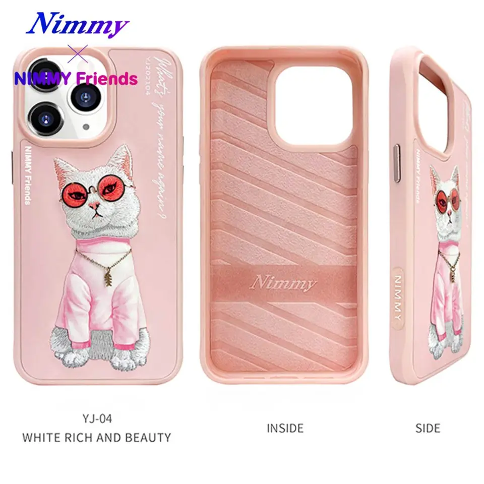 NIMMY iPhone 14 Pro 3D Gerçek Nakış İşleme Kabartmalı Kedi Zincir Gözlük Detaylı Cool Glasses Kılıf