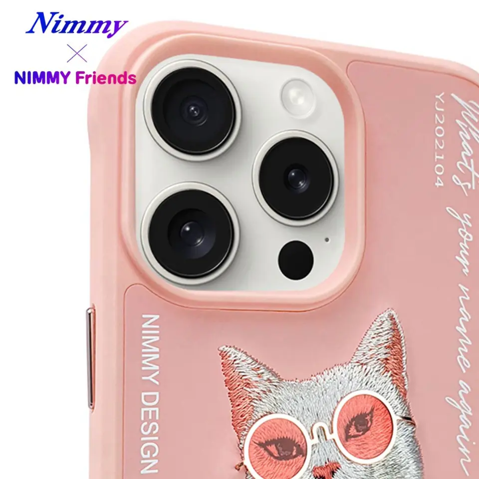 NIMMY iPhone 14 Pro 3D Gerçek Nakış İşleme Kabartmalı Kedi Zincir Gözlük Detaylı Cool Glasses Kılıf