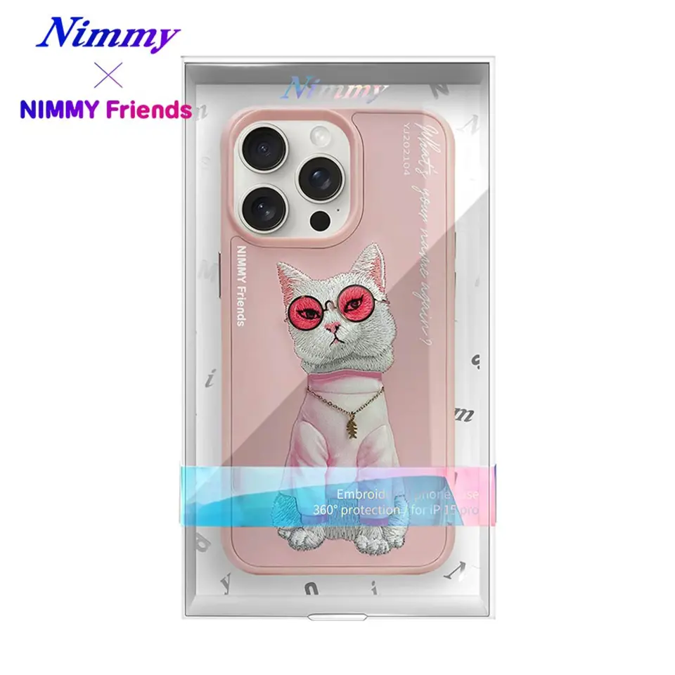 NIMMY iPhone 14 Pro 3D Gerçek Nakış İşleme Kabartmalı Kedi Zincir Gözlük Detaylı Cool Glasses Kılıf