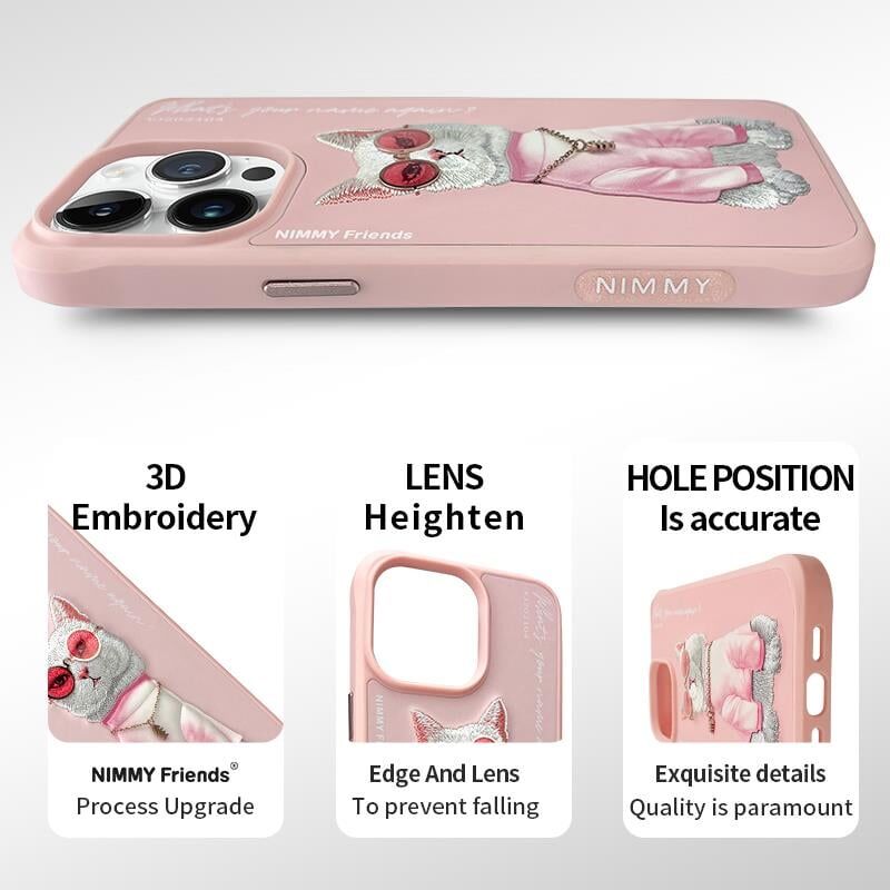 NIMMY iPhone 14 Pro 3D Gerçek Nakış İşleme Kabartmalı Kedi Zincir Gözlük Detaylı Cool Glasses Kılıf