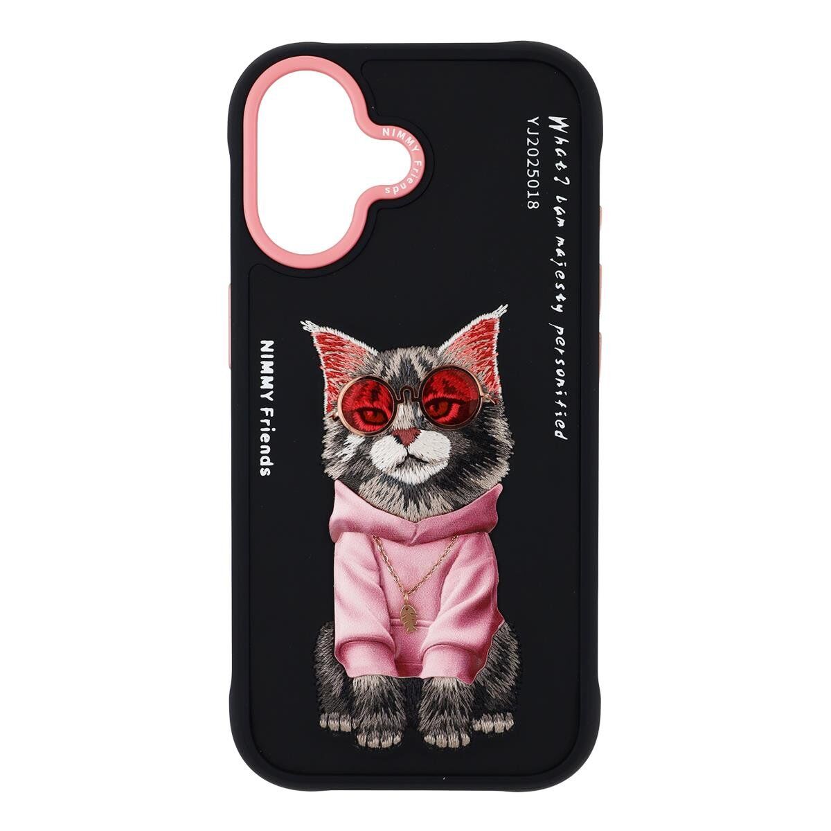 NIMMY iPhone 17 Uyumlu Gerçek Nakış Gözlük ve Zincir Desenli Glasses Serisi Maine Coon Telefon Kılıfı