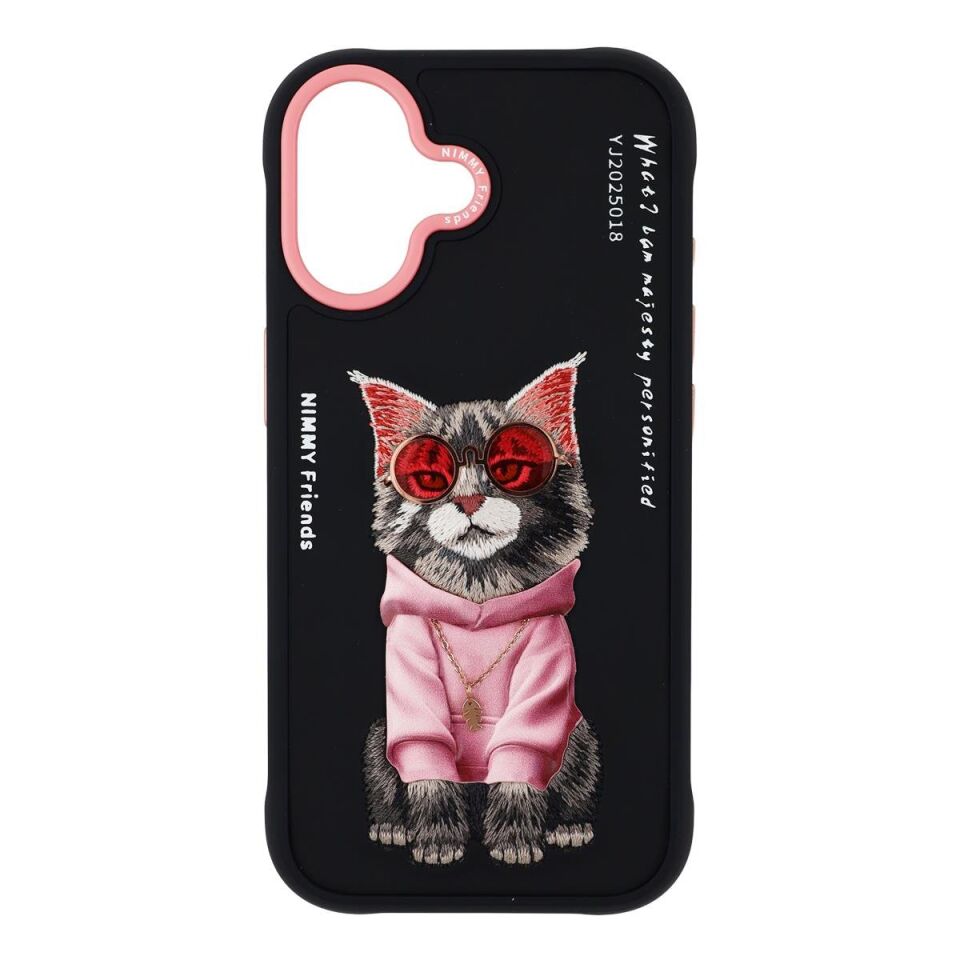 NIMMY iPhone 17 Uyumlu Gerçek Nakış Gözlük ve Zincir Desenli Glasses Serisi Maine Coon Telefon Kılıfı