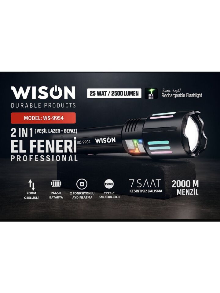 WISON 9954 Profesyonel El Feneri + Yeşil Lazer  25W – 2500 Lümen – 5800 Mah Batarya – 2000 Metre Menzil – Metal Gövde