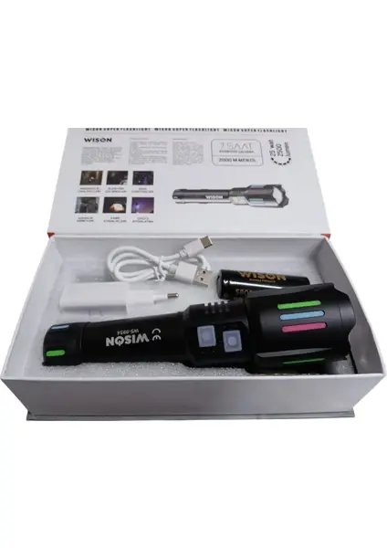 WISON 9954 Profesyonel El Feneri + Yeşil Lazer  25W – 2500 Lümen – 5800 Mah Batarya – 2000 Metre Menzil – Metal Gövde