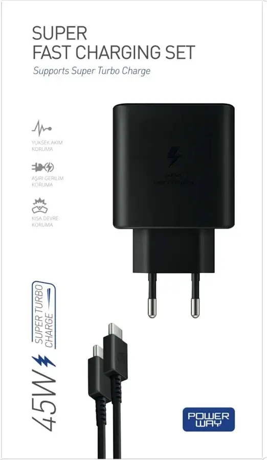 Powerway 45W Type-C Hızlı Şarj Adaptörü ve 1 Metre Kablo - Maksimum Güç ve Güvenlik!