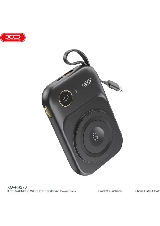 Xo PR270 22.5W Kablosuz Şarj Özellikli Dahili Type-C Kablolu 10000MAH Powerbank SİYAH
