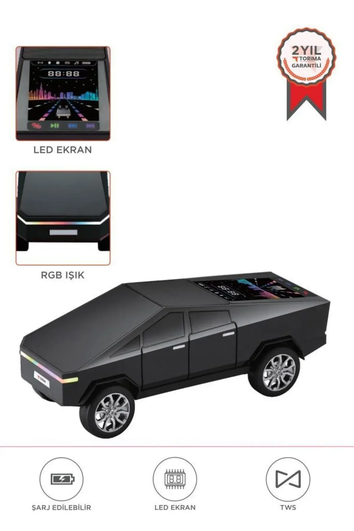 Siyah CyberTruck Araba Tasarımlı Bluetooth Hoparlör 15W Güçlü Ses RGB LED /TWS/USB