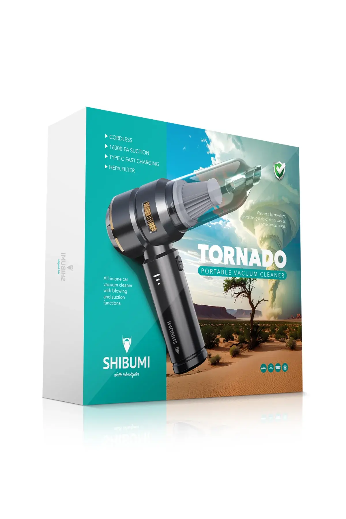 Shibumi Tornado 100W Şarjlı Kablosuz Araç Içi Süpürge Gerçek 16000PA Güçlü Üfleme & Vakum Aksesuarlı Type-C