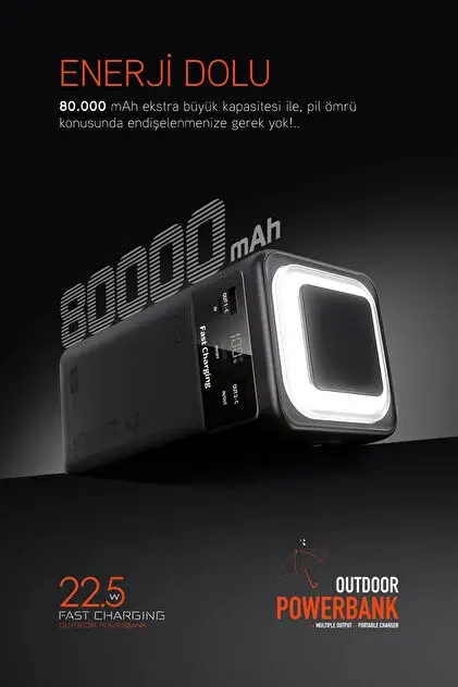80.000 mAh PD 22.5W Hızlı Şarj Dahili Kablolu Kamp Taşınabilir Güç Kaynağı Siyah PD80 Powerbank