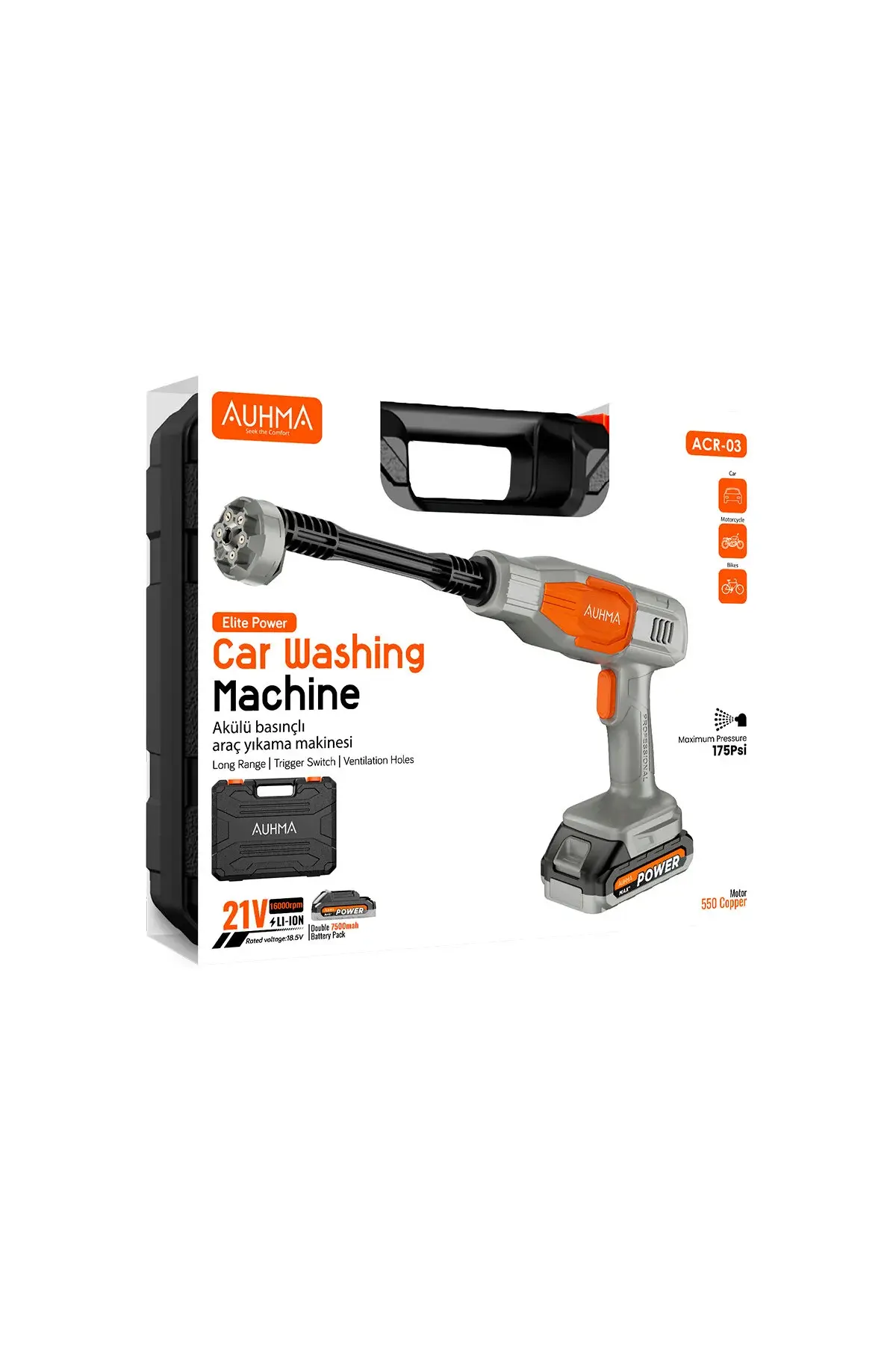 ACR-03 Akülü Basınçlı Araç Yıkama Makinesi | 21V Çift Batarya | 175 PSI Güç | 2.7L/dk Su Akışı