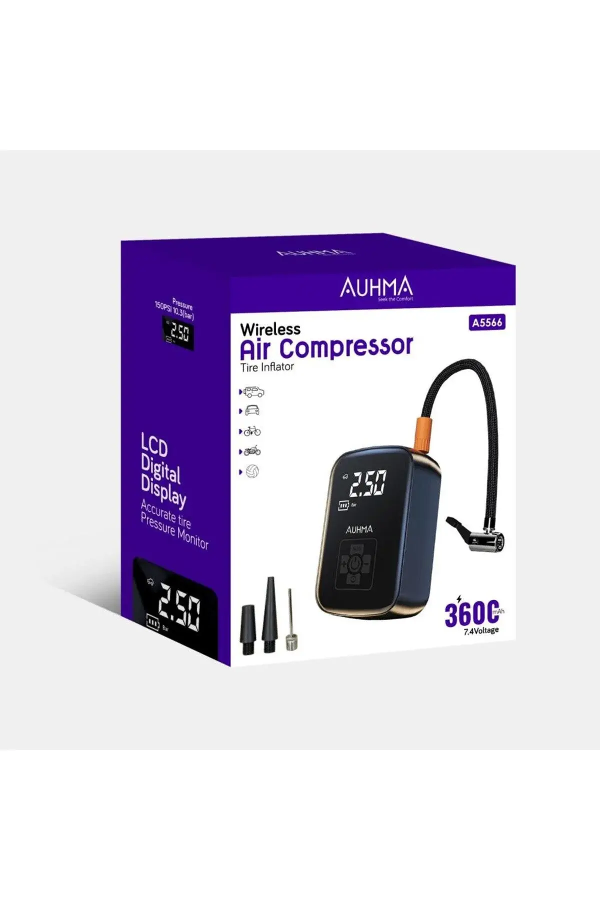 Oto Araç Hava Kompresörü Şarjlı Dijital Ekran Araç Hava Lastik Şişirme Pompası Basınç Göstergeli