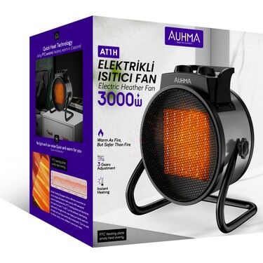 Auhma AT1H Fanlı Isıtıcı Elektrikli 3000W Fan 2.5 kg 27X17X28.5 cm Gri Renk Isıtıcı Havayı Kurutmaz