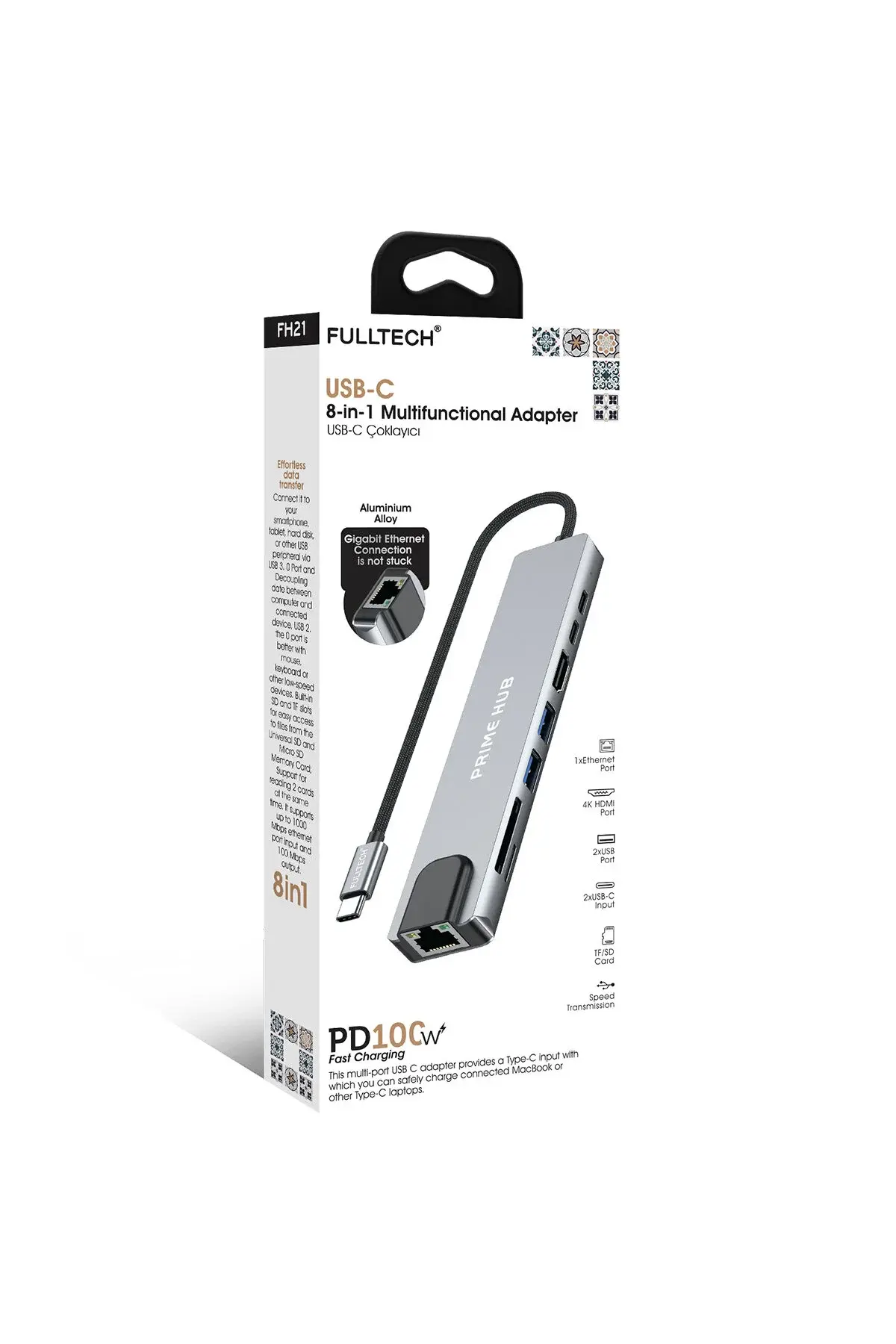 FH21 8-in-1 USB-C Çoklayıcı | 4K HDMI, 100W PD, Gigabit Ethernet, SD/TF Kart Okuyucu, 2xUSB