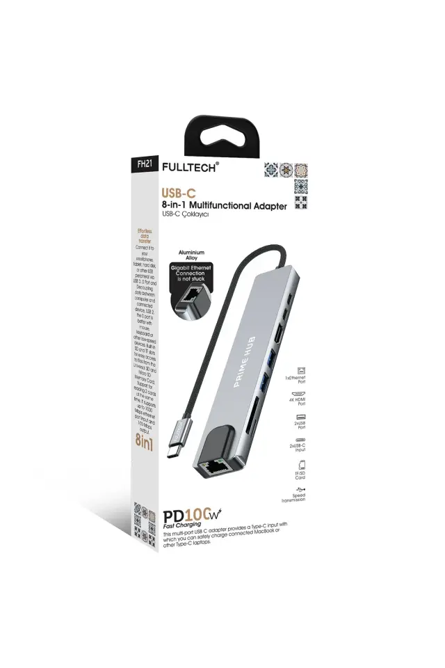 FH21 8-in-1 USB-C Çoklayıcı | 4K HDMI, 100W PD, Gigabit Ethernet, SD/TF Kart Okuyucu, 2xUSB