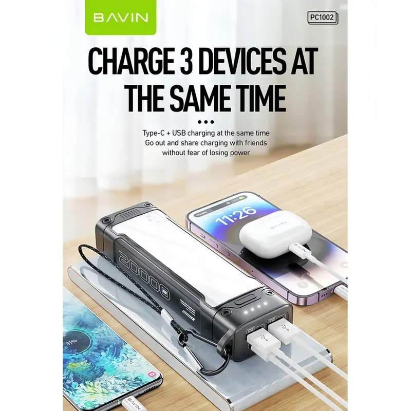 Bavin PC1002 20000mAh Şarj Type-C Micro Girişi ve 2 USB Çıkışlı LED Işıklı Powerbank