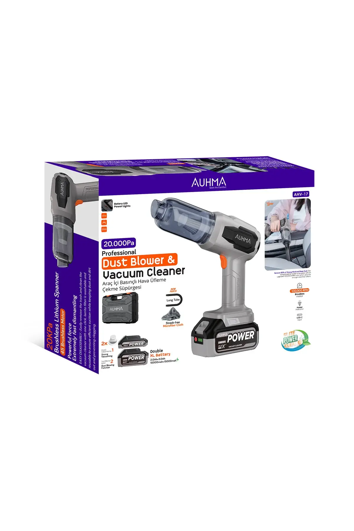 AHV-17 Profesyonel Araç İçi Mini Süpürge & Hava Üfleme Makinesi | 20.000 Pa Çekim Gücü | Fırça